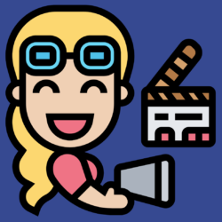 Animated picture of white, blond girl with blue glasses holding a megaphone near a film clap board.