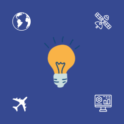 Cartoon of a lightbulb surrounded by icons of a plane, Earth, satellite, and computer with data on the screen.